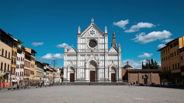Tourists On Piazza Di Santa Croce in Florence with The famous Basilica on background. Timelapse.