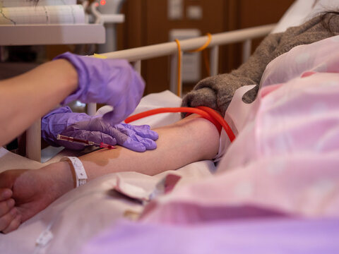 A nurse inserting a canula into a patient's arm