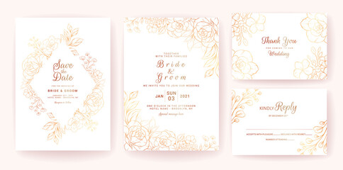 Wedding invitation card template set with gold floral frame and border. Line-art flowers composition for save the date, greeting, rsvp, and thank you design