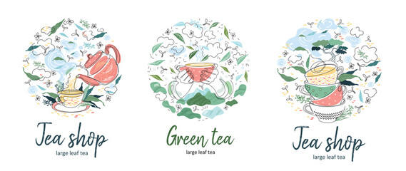 . Tea Card Design. One line drawing. Continuous line. Circular composition.Vector set.