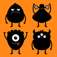 Happy Halloween. Monster black silhouette set. Cute cartoon kawaii sad character icon. Eyes, horns, hands up, tongue. Funny baby collection. Orange background. Isolated. Flat design.