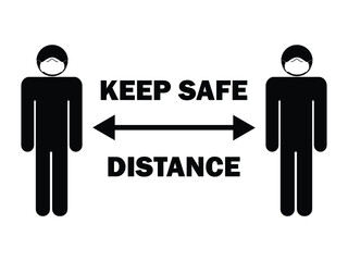 Keep Safe Distance Stick Figure with Mask. Illustration arrow depicting social distancing guidelines and rules during covid-19. EPS Vector