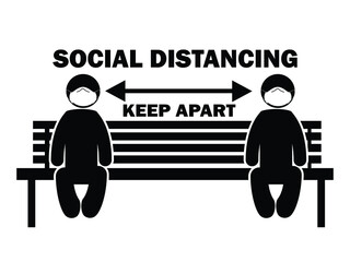 Social Distancing Keep Apart Stick Figure with Mask on Bench. Illustration arrow depicting social distancing guidelines and rules during covid-19. EPS Vector