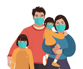 Mother Father daughter and son wear medical masks. Virus and disease prevention. Asian Persons. Vector Family illustration