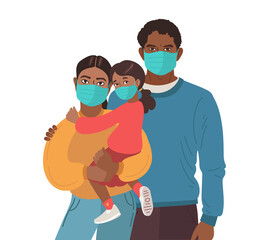 Mother Father and daughter wear medical masks. Virus and disease prevention. Indian Persons. Vector Family illustration