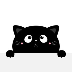 Cat kitten kitty black silhouette holding empty paper. Paw print. Cute kawaii cartoon sad character. Happy Valentines Day. Baby greeting card tshirt notebook cover. White background. Flat design