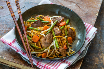 Stir fry duck fillets with noodles, vegetables and hoisin sauce