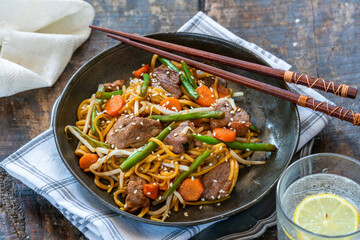 Stir fry duck fillets with noodles, vegetables and hoisin sauce