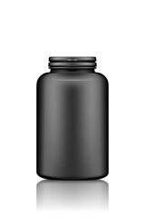Supplement or medicine pills black plastic bottle mockup isolated on white background. Package design. Blank medicine, sport or fitness nutrition, healthcare template. 3d realistic vector illustration
