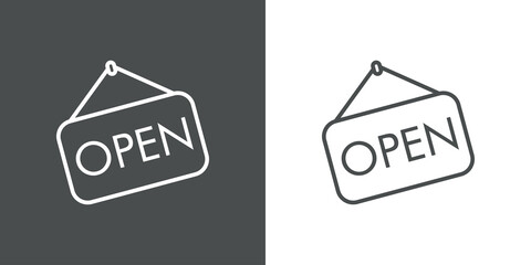 Icono plano lineal letrero colgar con palabra OPEN en fondo gris y fondo blanco © teracreonte
