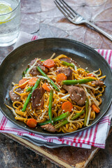 Stir fry duck fillets with noodles, vegetables and hoisin sauce