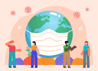 Global covid-19 pandemic poster, group of people stand near big earth globe in mask. Minimal design vector illustration