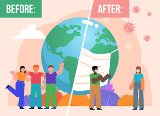 Earth before and after covid-19 global pandemic. Group of people stand near big earth globe in mask. Minimal design vector illustration