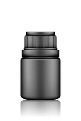 Black medicine pills or supplement bottle mockup isolated on white background. Plastic package design. Blank medicine, sport or dietary nutrition, healthcare template. 3d realistic vector illustration