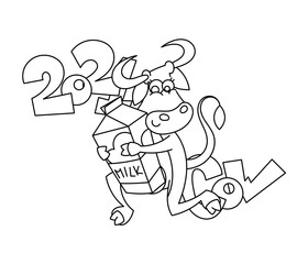 Happy cartoon smiling cow with a box of milk