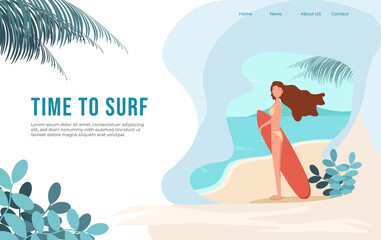 Vector illustration - surfing girl on a beach. Palm, sand, ocean on background. Banner, site, poster template with place for your text.