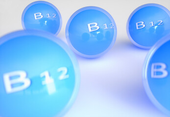 Vitamin B12  Cyanocobalamin blue reflection spheres Pills with withe Text on white Background.Heath Promo Ads Design. 3D Vitamin Complex With Chemical Formula.