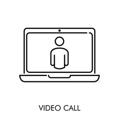 Símbolo vídeo llamada. Icono plano lineal con texto VIDEO CALL con ordenador portaril en color negro
