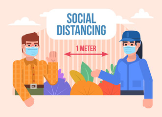 Social distancing due to global pandemic poster. Man and woman in mask keep safe distance when talking. Minimal design vector illustration