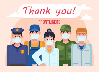Thank you frontline workers poster. People or occupations that keep working at quarantine. Minimal design vector illustration