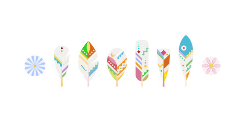 Set of ornamental boho style feathers. Vector illustration, tattoo and symbol template