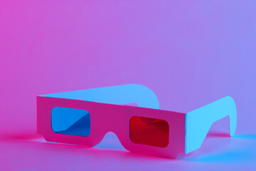 Retro 3d glasses from 80s in trendy neon light. Gradient pink-blue glow. Concept art. Pop culture...