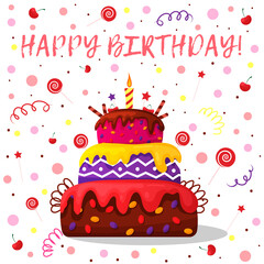 beautiful birthday cake. Holiday card. Happy Birthday Lettering. colorful vector illustration on white background. Cartoon style.