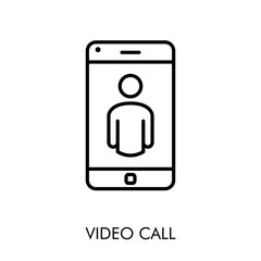 Símbolo vídeo llamada. Icono plano lineal con texto VIDEO CALL con smartphone en color negro