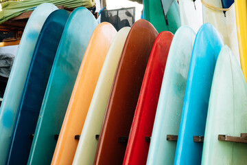 Set of colorful surfboard for rent on the beach. Multicolored blue, red, white surf boards...