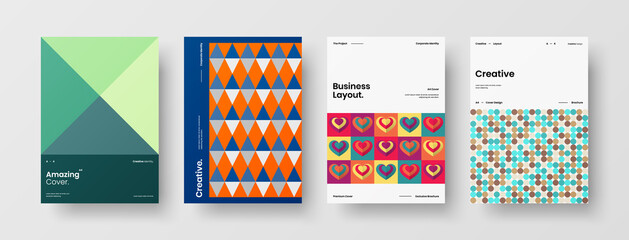 Fototapeta premium Company identity brochure template collection. Business presentation vector A4 vertical orientation front page mock up set. Corporate report cover abstract geometric illustration design layout bundle.
