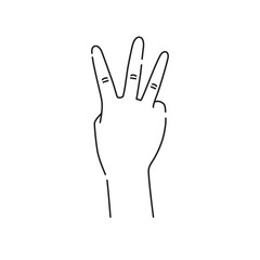 Three fingers gesture line black icon. Make fingers up gesture sketch element. Pictogram for web page, mobile app, promo. Editable stroke. Hand drawn illustration
