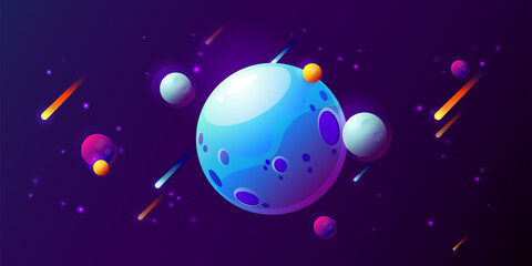 Fantasy colorful art with planets, stars and comets. Cool cosmic background for game or poster design