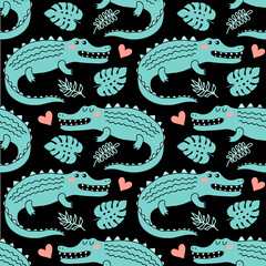 Seamless pattern with cute cartoon crocodiles vector illustration