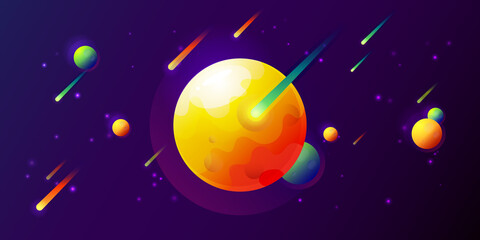 Obraz na płótnie Canvas Fantasy colorful art with planets, stars and comets. Cool cosmic background for game or poster design
