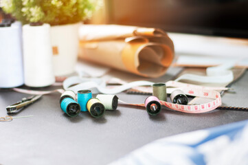 Fashion Industry. Fashion Design working studio. Set of Tailor accessories.