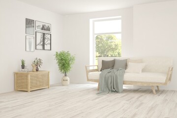 White living room with sofa. Scandinavian interior design. 3D illustration
