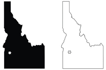 Idaho ID state Map USA with Capital City Star at Boise. Black silhouette and outline isolated on a white background. EPS Vector