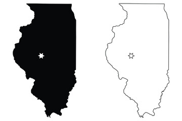 Illinois IL state Map USA with Capital City Star at Springfield. Black silhouette and outline isolated on a white background. EPS Vector - obrazy, fototapety, plakaty