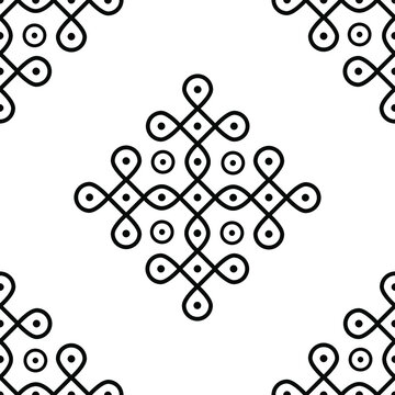twisted rangoli or Kolam design isolated on white background is in seamless pattern