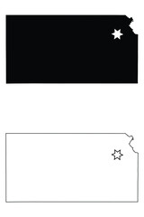 Kansas KS state Maps with Capital City Star at Topeka. Black silhouette and outline isolated on a white background. EPS Vector