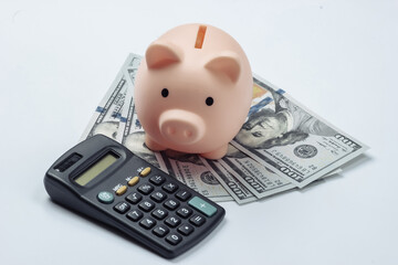 Piggy bank with 100 dollar bills and calculator on white background. Family budget calculation