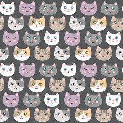 Obraz premium Seamless pattern with cute cartoon kitties vector illustration