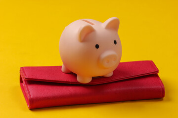 Piggy bank with wallet on yellow studio background