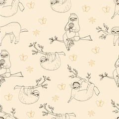 Seamless pattern of sloths.Set of sloths, tropical animals. A sloth in a tree, a sloth meditates, eats ice cream, dances. Vector illustration in doodle style. Isolated objects on the former background © Olena
