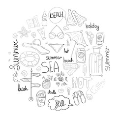 Set of hand drawn travel icons and lettering in doodle style. Vector stock illustration. Tourism and summer sketch with various travelling and relaxation elements: bikini, camera, cocktail, ticket ets