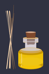 Hand-drawn aromatic diffusers with wooden sticks and oil efirs bottle isolated on a dark blue background. Stock vector illustrations.