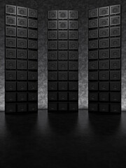 Grandiose tall columns of guitar amps stand in a semicircle. 3D Render