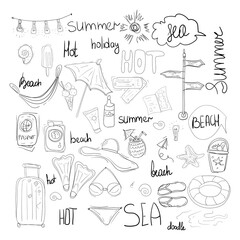 Set of hand drawn travel icons and lettering in doodle style. Vector stock illustration. Tourism and summer sketch with various travelling and relaxation elements: bikini, camera, cocktail, ticket ets