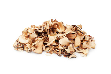 Edible dried mushrooms pile on white background isolated close up, heap of dry boletus edulis, chopped brown cap boletus, sliced penny bun, pieces of cep, porcino or porcini, cutted white fungus 