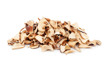 Edible dried mushrooms pile on white background isolated close up, heap of dry boletus edulis,...